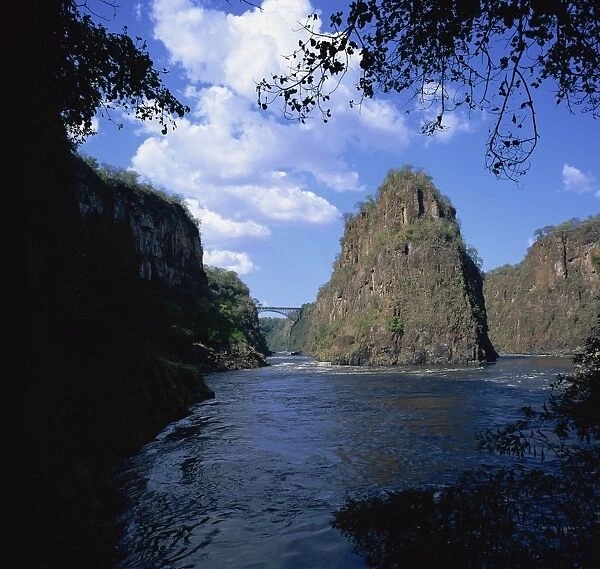 Zambezi River and bridge from bend at second and third gorges, Victoria Falls