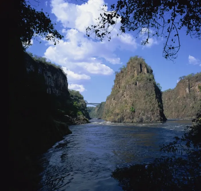 Framed Print : Zambezi River and bridge from bend at second and third gorges, Victoria Falls Framed Print : Zambezi River and bridge from bend at second and third gorges, Victoria Falls