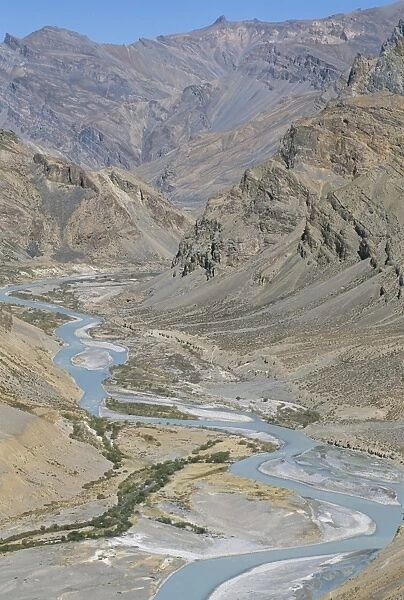Zanskar River valley between Himalaya and Zanskar mountains