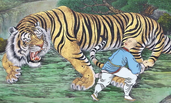 Zen koan painting depicting monk and tiger, Seoul, South Korea, Asia