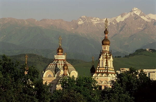 Zenkov Cathedral and Tien Shan mountains