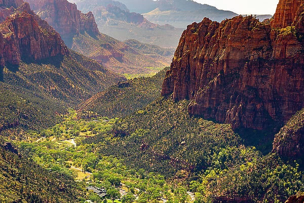 Zion Canyon taken from Angels Landing on sunny day, Zion National Park, Utah, United States of America, North America
