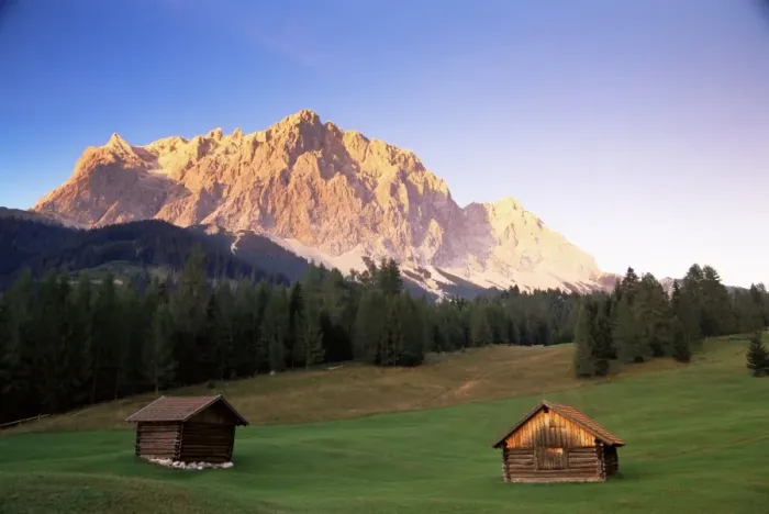 Framed Print : Zugspitze and barns at dusk, Wetterstein, Austrian Alps, Austria, Europe Framed Print : Zugspitze and barns at dusk, Wetterstein, Austrian Alps, Austria, Europe