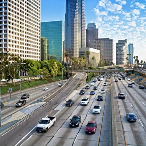 The 110 Harbour Freeway and Downtown Los Angeles skyline, California, United States of America, North America