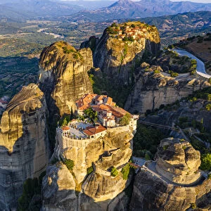 Aerial by drone of the Holy Monastery of Varlaam at sunrise, UNESCO World Heritage Site