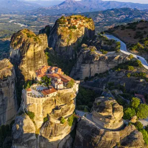 Aerial by drone of the Holy Monastery of Varlaam at sunrise, UNESCO World Heritage Site