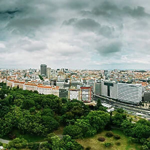 Aerial drone panoramic view of Parque Eduardo XII and Marques the Pombal looking south with Avenida da Liberdade in Lisbon, Portugal, Europe