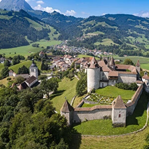 Aerial of Gruyere Castle, Fribourg, Switzerland, Europe