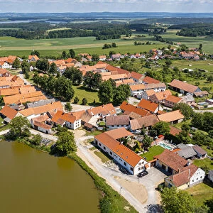 Aerial of the historic village of Holasovice, UNESCO World Heritage Site, South Bohemia