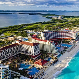 Aerial of the hotel zone with the turquoise waters of Cancun, Quintana Roo, Mexico