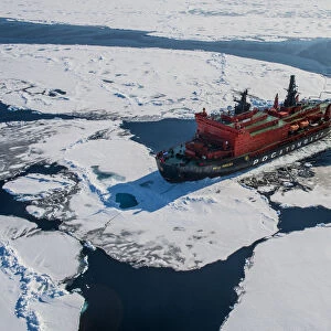 Aerial of the Icebreaker 50 years of victory on its way to the North Pole, Arctic