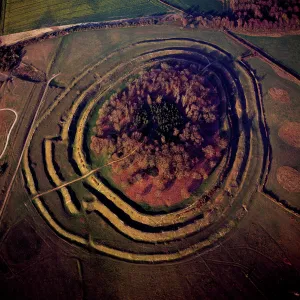 Aerial image of Badbury Rings, an Iron Age hill fort, Dorset, England, United Kingdom