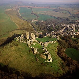 Aerial image of Corfe Castle, Purbeck Hills, between Wareham and Swanage
