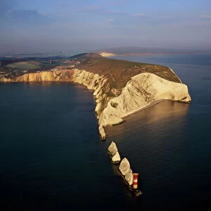 Aerial image of The Needles, a row of three chalk stacks, and Lighthouse