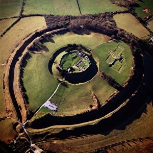 Aerial image of Old Sarum, the original site of Salisbury with castle ruins