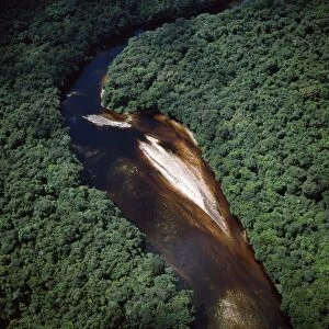Aerial image of river bend and sandbars in the Paikwa River, Upper Mazaruni District