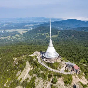 Aerial of the Jested Tower, a TV tower and hotel, the highest mountain peak of