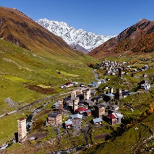 Aerial landscape view of Ushguli, with Mount Shkhara, Ushguli, Mestia, Svaneti