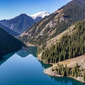 Aerial of the Lower Kolsai Lake, Kolsay Lakes National Park, Tian Shan mountains, Kazakhstan, Central Asia, Asia