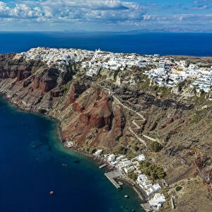 Aerial of Oia, Santorini, Cyclades, Greek Islands, Greece, Europe