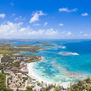 Aerial panoramic by drone of coral reef along Long Bay beach, Antigua, Antigua