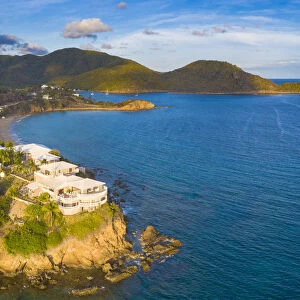Aerial panoramic by drone of the Curtain Bluff resort overlooking the Caribbean Sea