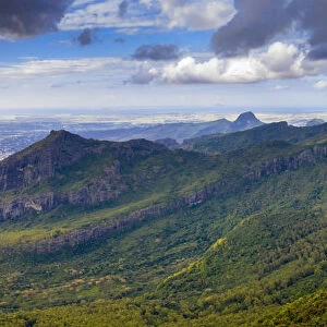 Aerial panoramic of Le Pouce mountain, Moka Range, Port Louis, Mauritius, Africa
