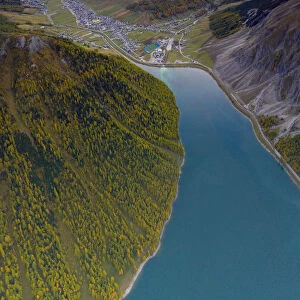 Aerial panoramic of sunset over Livigno and larch trees along the lake in autumn