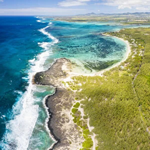 Aerial panoramic of tropical Public Beach washed by the ocean waves, Poste Lafayette