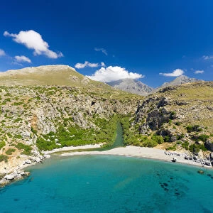 Aerial photo by drone of Preveli beach, Retymno, Crete Island, Greek Islands, Greece
