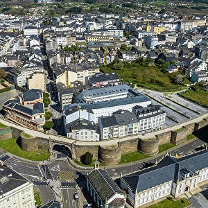 Aerial of the Roman walled town of Lugo, UNESCO World Heritage Site, Galicia, Spain, Europe