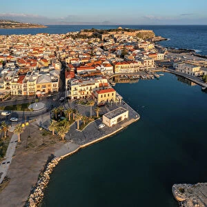 Aerial of Venetian harbor with a view of Venetian Fortezza, Rethymno, Crete, Greek Islands, Greece, Europe