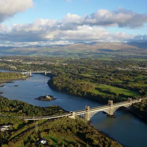 Aerial view of Britannia Bridge and the Menai Bridge, Menai Strait, Gwynedd