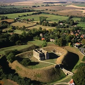 Aerial view of Castle Rising, a medieval castle, Norfolk, England, United Kingdom, Europe