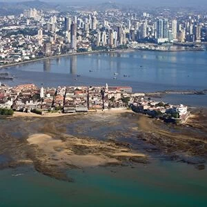 Aerial view of city showing the old town of Casco Viejo also known as San Felipe