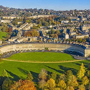 Aerial view by drone over the Georgian city of Bath, Royal Victoria Park