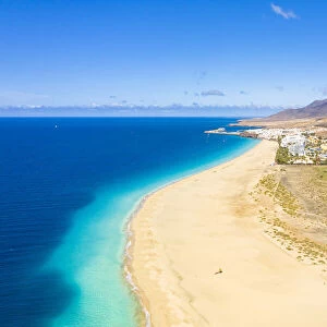 Aerial view of fine sand beach and lighthouse, Morro Jable, Fuerteventura, Canary Islands