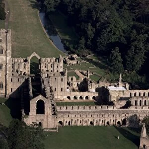 Aerial view of Fountains Abbey, UNESCO World Heritage Site, Yorkshire, England