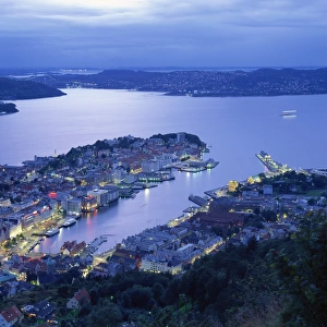 Aerial view the harbour and city of Bergen at dusk, Norway, Scandinavia, Europe
