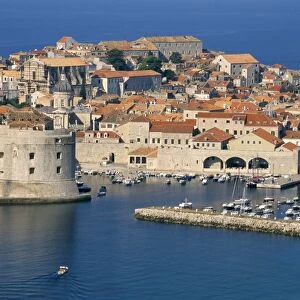 Aerial view of harbour and old city, Dubrovnik, UNESCO World Heritage Site