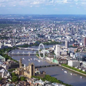 Aerial view of the Houses of Parliament, Westminster Abbey, London Eye and River Thames, London, England, United Kingdom, Europe