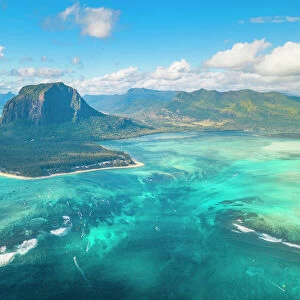 Aerial view of Le Morne Brabant and the Underwater Waterfall optical illusion