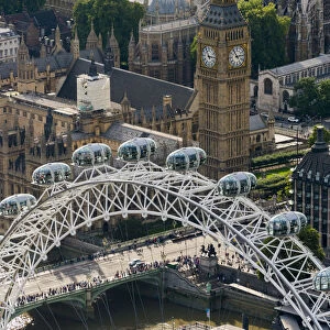 An aerial view of The London Eye and The Houses of Parliament, London, England
