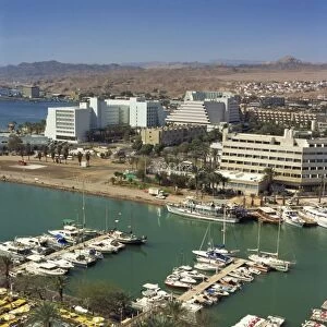 Aerial view over the marina, with arid hills in background, at Eilat, Israel, Middle East