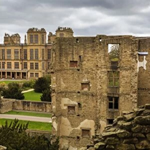 Aerial view from the Old Hall of its replacement, Hardwick Hall, near Chesterfield, Derbyshire, England, United Kingdom, Europe
