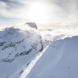 Aerial view of Punta Penia and west ridge of Marmolada in winter, Dolomites