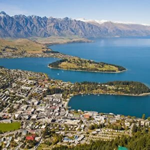Aerial view of Queenstown, Lake Wakatipu and the Remarkables Mountain Range, Otago, South Island, New Zealand, Pacific