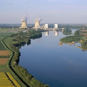 Aerial view of river and countryside near the nuclear power station of Saint Laurent-des-Eaux
