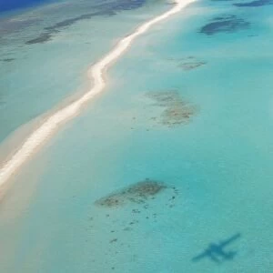Aerial view of an sandbank and lagoon, Maldives, Indian Ocean, Asia