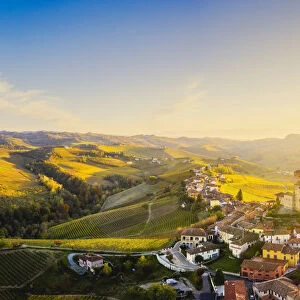 Aerial view of Serralunga d Alba at sunset, Barolo wine region, Langhe, Piedmont